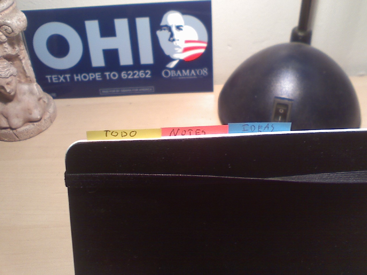 Sticky labels denoting sections in Moleskine notebook